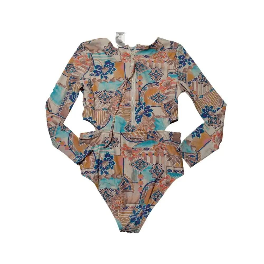 O'NEILL Floral long sleeve, cut out girls one piece swim suit, size 14, surf